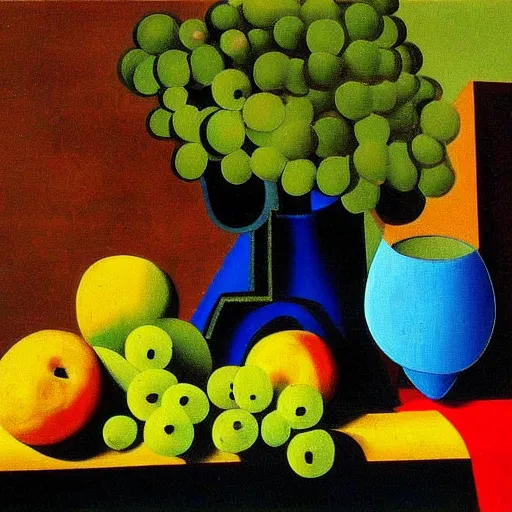 Prompt: painting still vase's and fruits, grapes, wine glass by picasso