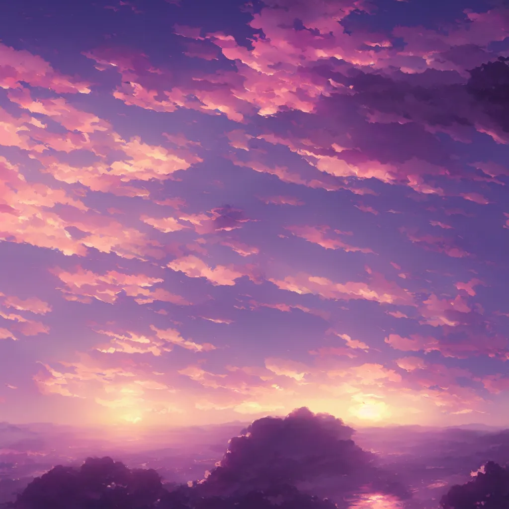 Prompt: Big pink sphere high in the sky at sunset, beautiful matte painting by Makoto Shinkai,