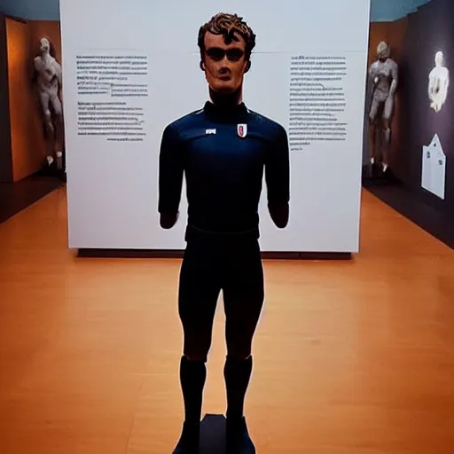 Image similar to “ a realistic detailed photo of a guy who is an attractive humanoid who is half robot and half humanoid, who is a male android, soccer player antoine griezmann, shiny skin, posing like a statue, blank stare, at the museum, on display ”