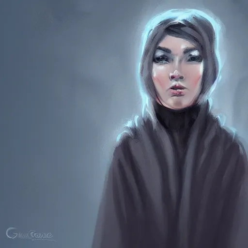 Prompt: grumpy girl, portrait, ice magic, dark hair, dark robe, warm light, concept art, illustration