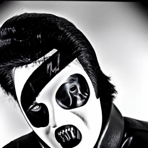 Prompt: elvis presley as a member of slipknot. Band photography, black and white