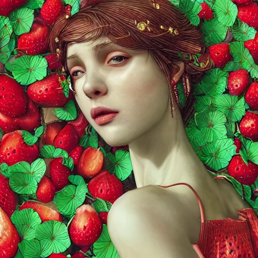 Image similar to the portrait of an absurdly beautiful, graceful, elegant, sophisticated, innocent woman made of strawberries and green petals looking up, an ultrafine hyperdetailed illustration by kim jung gi, irakli nadar, intricate linework, bright colors, octopath traveler, final fantasy, unreal engine 5 highly rendered, global illumination, radiant light, detailed and intricate environment