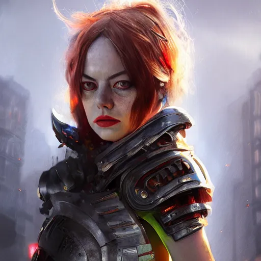 Image similar to emma stone portrait, dystopia core, apocalyptic, armor, warrior, dramatic, sharp focus, fiction, neon, fantasy, hyper detailed, digital art, trending in artstation, cinematic lighting, studio quality, smooth render, unreal engine 5 rendered, octane rendered, art style and nixeu and wlop and krenz cushart