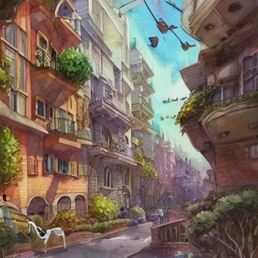 Image similar to Beautiful happy picturesque charming sci-fi city in harmony with nature. Nice colour scheme, soft warm colour. Beautiful detailed watercolor by Lurid. (2022)