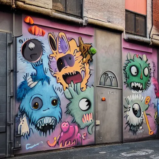 Image similar to little crazy monsters, furry creatures, monster emotional monsters and creatures in the city alleyway with graffiti, in the style of Johfra and Shaun Tan