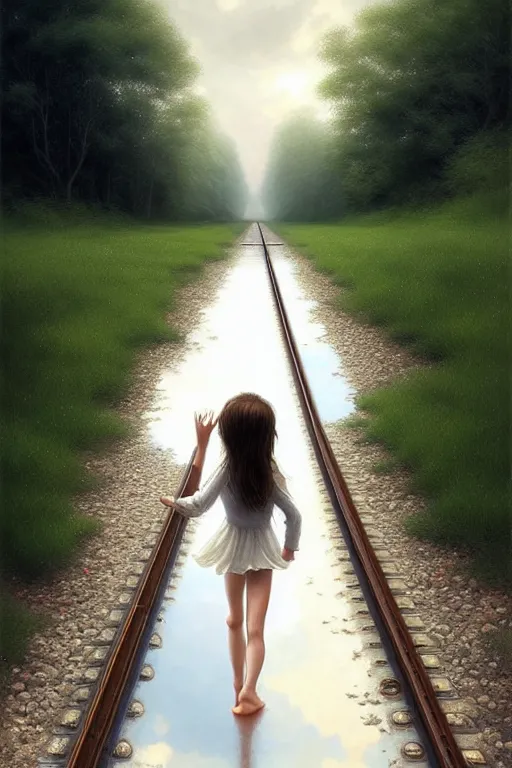 Image similar to a barefoot girl carries her shoes on reflective water and faint train tracks, large white clouds on a wide horizon, intricate, elegant, highly detailed, digital photo, artstation, concept art, smooth, sharp focus, low angle photo, art by artgerm and greg rutkowski and fra angelico