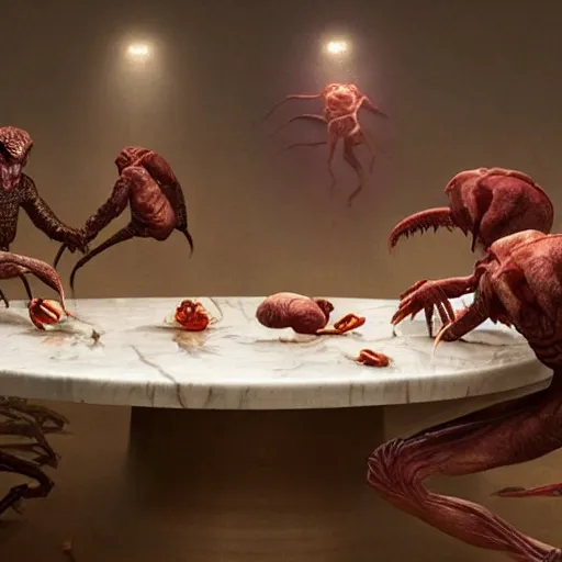 Prompt: hungry cannibals making a rich salad around a marble table, cinematic lighting, dramatic framing, highly detalied, 4k, artstation, by Wayne Barlowe and Rene Lalique