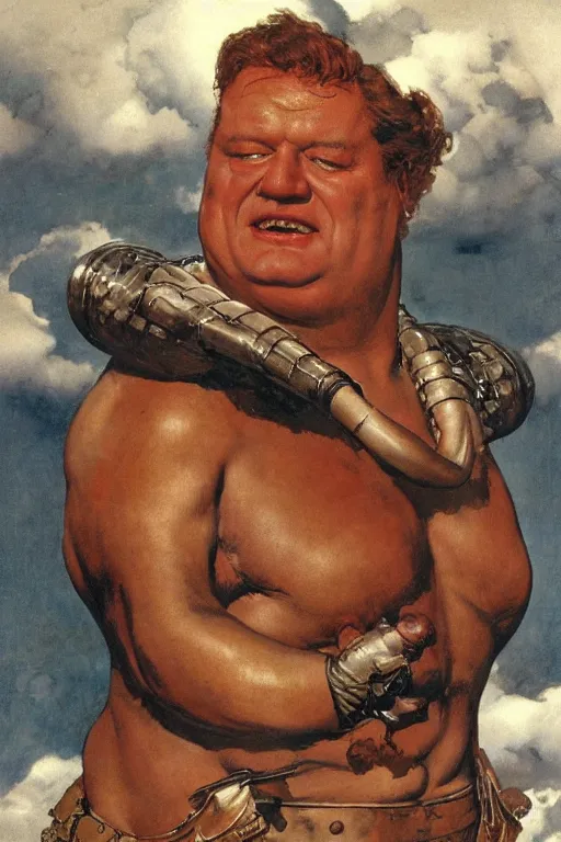 Image similar to movie still of huge hulking kenneth mcmillan as baron vladimir harkonnen wearing leather garments with muscular arms, simple background, dynamic pose, painted by jack kirby, lawrence alma tadema, norman rockwell, greg staples, wayne barlow, neville page, dune 1 9 8 2, artstation creature art, superhero