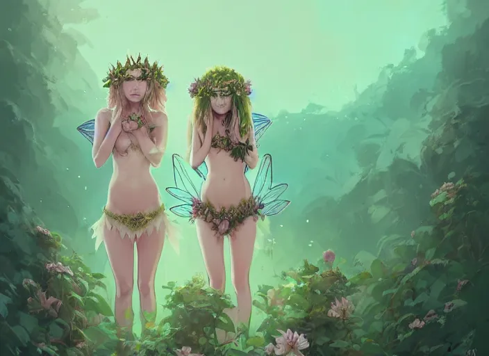 Prompt: two cute fairy girls with crown of flowers in plants bikini covered with celtic rune tattoos kissing, fantasy, by atey ghailan, by greg rutkowski, by greg tocchini, by james gilleard, by joe gb fenton, by in kaethe butcher, dynamic lighting, gradient light green, brown, blonde cream and white color in scheme, grunge aesthetic