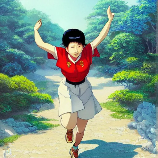 Prompt: portrait of a north korean woman running, an oil painting by ross tran and thomas kincade, studio ghibli