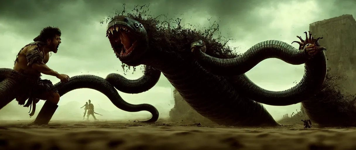 Prompt: pirates fighting giant screaming worm, cinematic atmosphere, maximized, high detail, 8k, ornate, dark fantasy, masterpiece, complex, film still from the movie directed by Denis Villeneuve