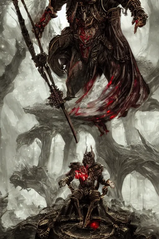 Image similar to Path of Exile, Sirius, bronze face, red eyes, male image with bronze black armor, sitting on the throne, inside the ruined gothic church, black shadows, dark red bloody fog fly around, [[blood]], Anachronism, painting, dark fantasy, steampunk, 4k, perfect quality,