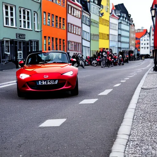 Prompt: a red haired danish man drives a mazda mx-5 down a street in copenhagen