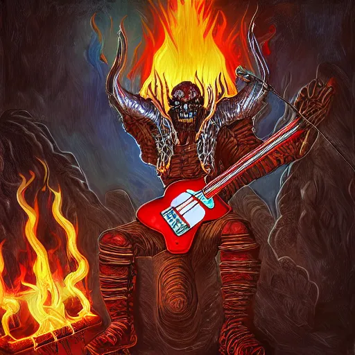 Image similar to Diablo, the lord of destruction, playing electrical guitar in hell for a crowd of skeletons. Digital painting. Realistic