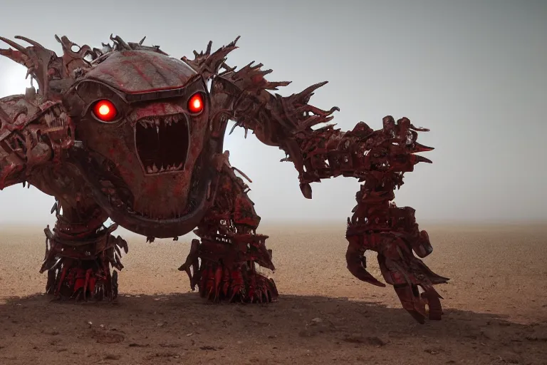 Image similar to a gigantic angry monster made of scrap metal with red eyes, standing in the desert, looking at camera, realism, photo realistic, high quality, misty, hazy, ambient lighting, cinematic lighting, studio quality,