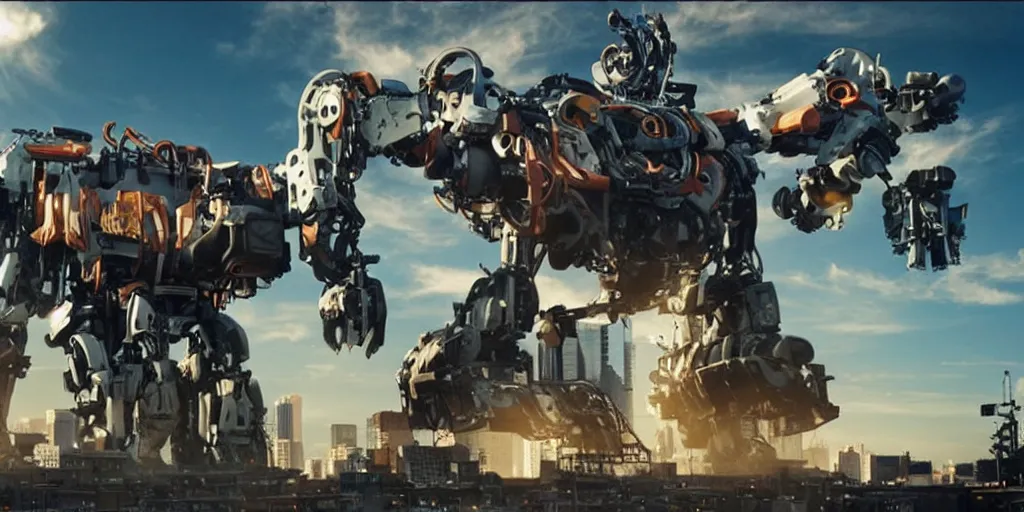 Prompt: a blockbuster style movie frame of a giant mechanical robot pig destroying pittsburgh