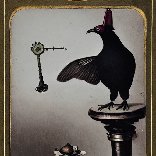 Prompt: an antique photograph of a bio-mechanical clockwork crow wearing a top hat with a painting of a female pigeon behind him, by Yuumei, Trending on Artstation, CG Society