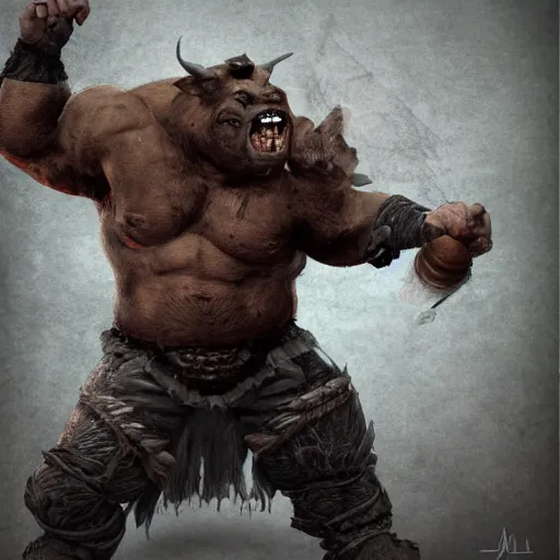 Prompt: An orc throwing a boar, digital art