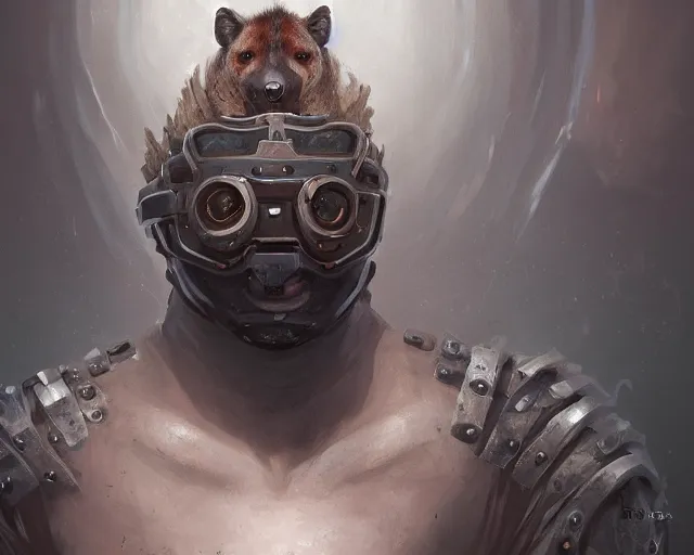 Prompt: A detailed matte oil on canvas head on symmetrical portrait of a man with the head of a hyena wearing heavy armor by Charlie bowater, Lise Deharme, Wlop, trending on artstationhd, dungeons and dragons art, critical role