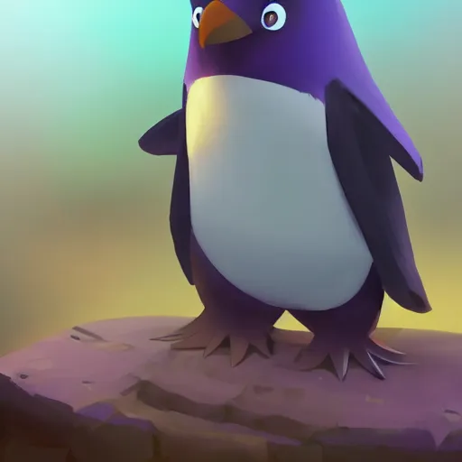 Image similar to purple penguin, character design, simple, dramatic lighting, digital painting, artstation, concept art, sharp focus, illustration, studio ghibli animation