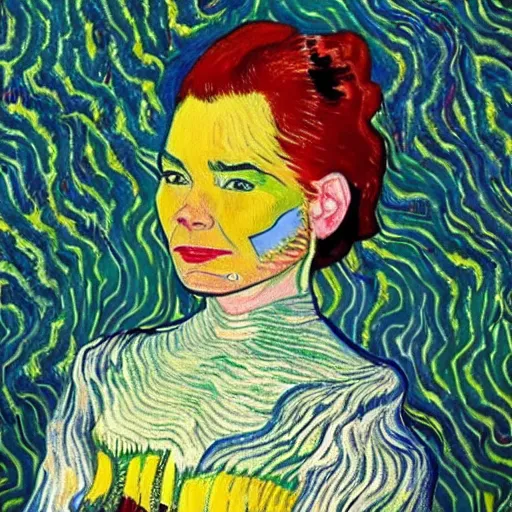 Image similar to very beautiful and very detailed and very colorful portrait of bjork, painted by van gogh