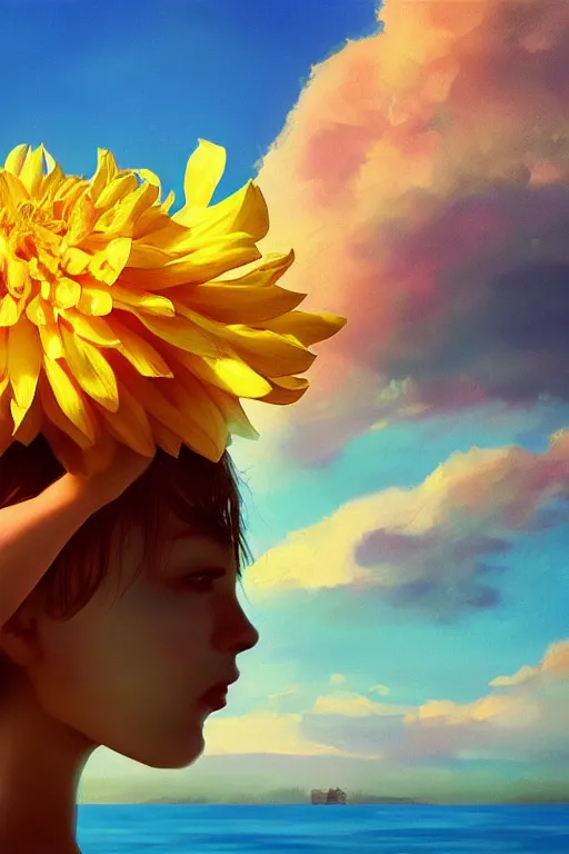 Prompt: closeup girl with huge dahlia flower head, on beach, surreal photography, blue sky, sunrise, dramatic light, impressionist painting, digital painting, artstation, simon stalenhag