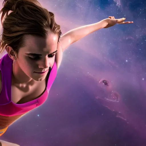 Image similar to emma watson as yoga instructor in space, trending high quality art station, cinematic shot, magical colors and atmosphere, perfect composition, coherent, realistic, professional 8 k