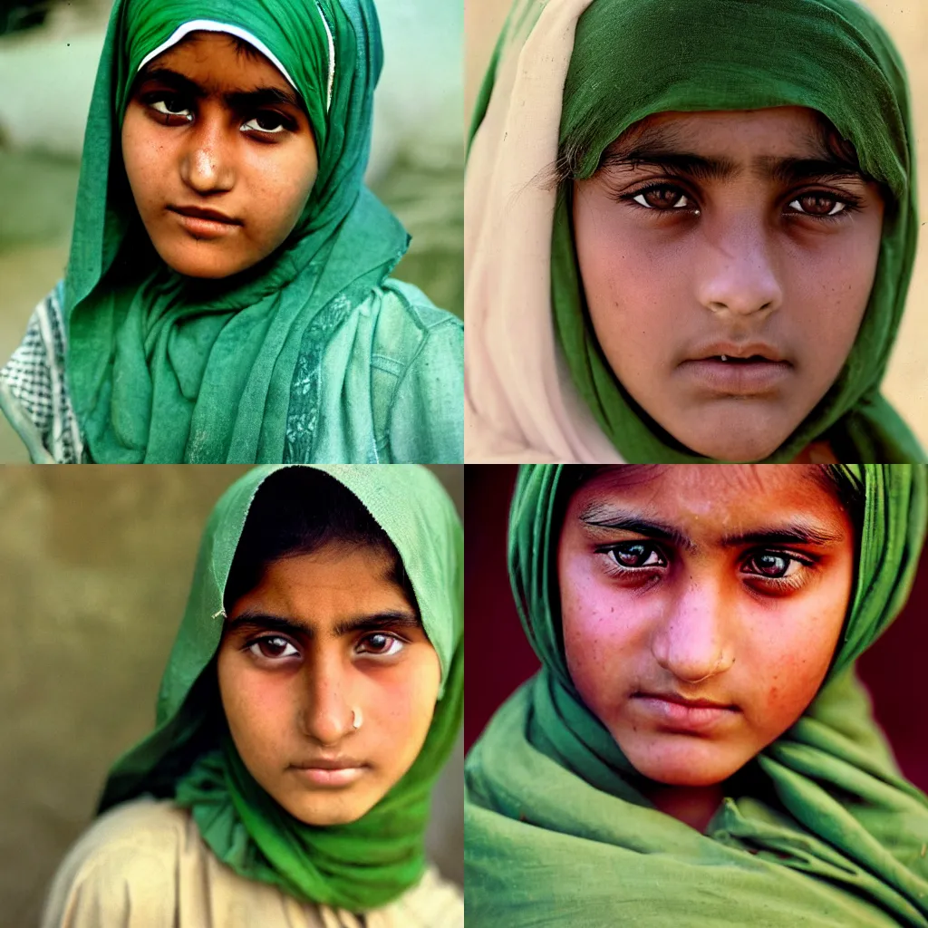 Prompt: a teenage girl of afghani descent with striking green eyes stares at the camera with a deep green headscarf. kodachrome film, Steve McCurry