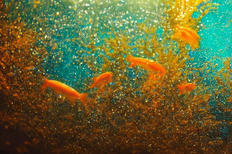 Prompt: ultra realistic underwater photography, panoramic picture of a river with ( subject : a very big exotic brightly coloured fish ). lots of bubbles. wavy, scattered light entering from the water surface, artstation, 8 k