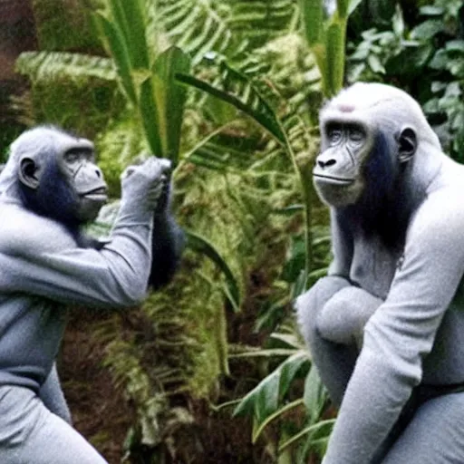 Prompt: cricket players in the jungle threatened by gorillas in spacesuits. Pineapple bushes