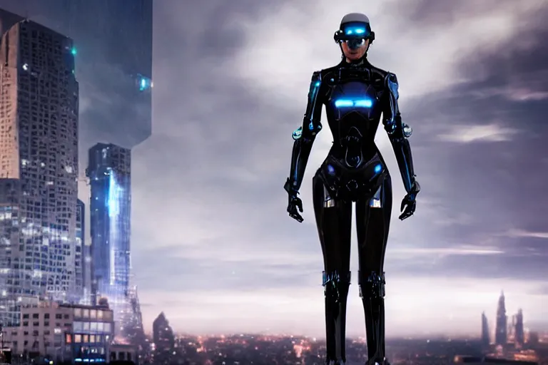 Image similar to VFX movie closeup of a gorgeous futuristic robot woman in black spandex armor in future city, hero pose, beautiful skin, natural city night lighting by Emmanuel Lubezki