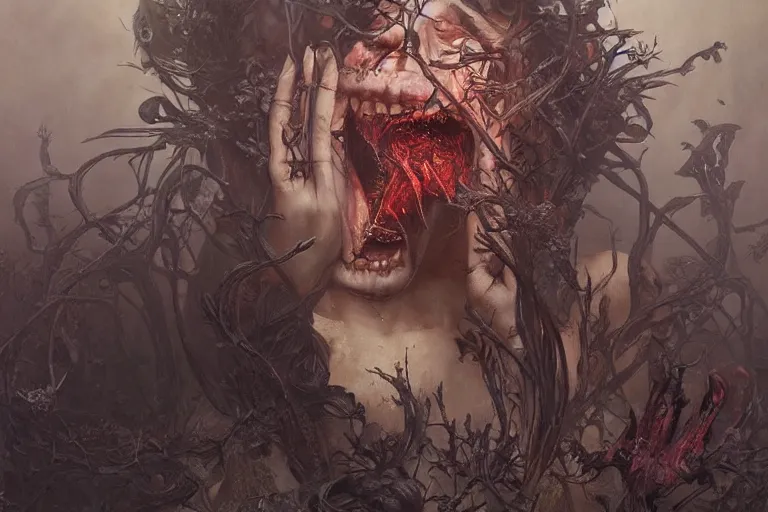 Image similar to a painting of hell, agony, pain, scary, creepy, concept art, intricate details, eerie, highly detailed, photorealistic, octane render, 8 k, unreal engine. art by artgerm and greg rutkowski and alphonse mucha