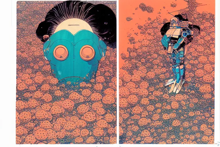 Image similar to risograph grainy drawing vintage sci - fi, satoshi kon color palette, gigantic gundam full - body covered in dead coral reef, 1 9 8 0, kodachrome, natural colors, comicbook spreadsheet, codex seraphinianus painting by moebius and satoshi kon and dirk dzimirsky close - up portrait