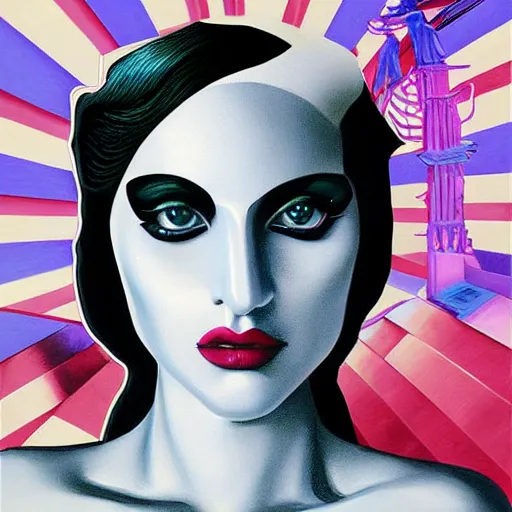 Prompt: vaporwave lady gaga art deco portrait, an ultrafine detailed painting by rafal olbinski, thomas cole, behance contest winner, pop surrealism, detailed painting, very detailed, minimalist, skeuomorphic, airbrush art