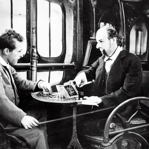 Prompt: photo of inside a wagon Phileas Fogg and Detective Fix playing cards,