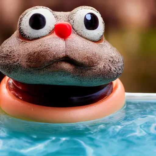 Image similar to cinematic photo of a taxidermized fat wet toad held by a smiling taxidermized snowman in a hot tub, vhs copy, film grain, motion blur, bokeh