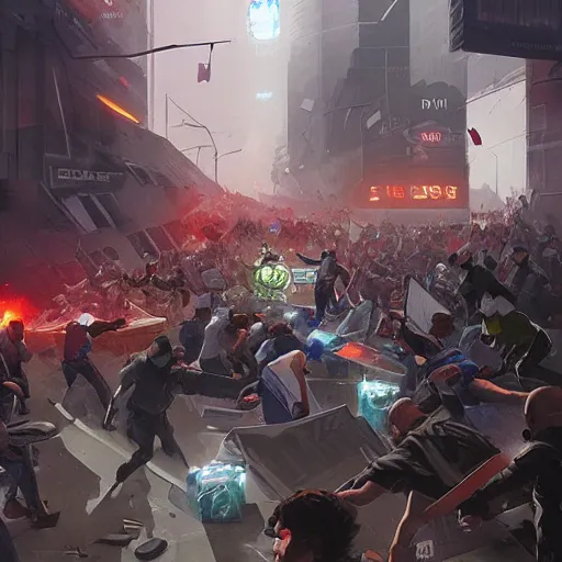 Prompt: protesters clashing with police, detailed digital illustration by greg rutkowski, android netrunner