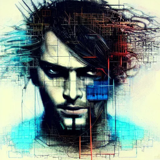 Prompt: hyperrealistic portrait of a cyberpunk man, long hair, by Guy Denning, Johannes Itten, Russ Mills, glitch art, hacking effects, glitch effects, digital tech effects, cybernetics, detailed lines, chromatic, color blocking!, oil on canvas, highly detailed, symmetrical, octane, concept art, abstract, blue and black, 8k, cinematic, trending on artstation