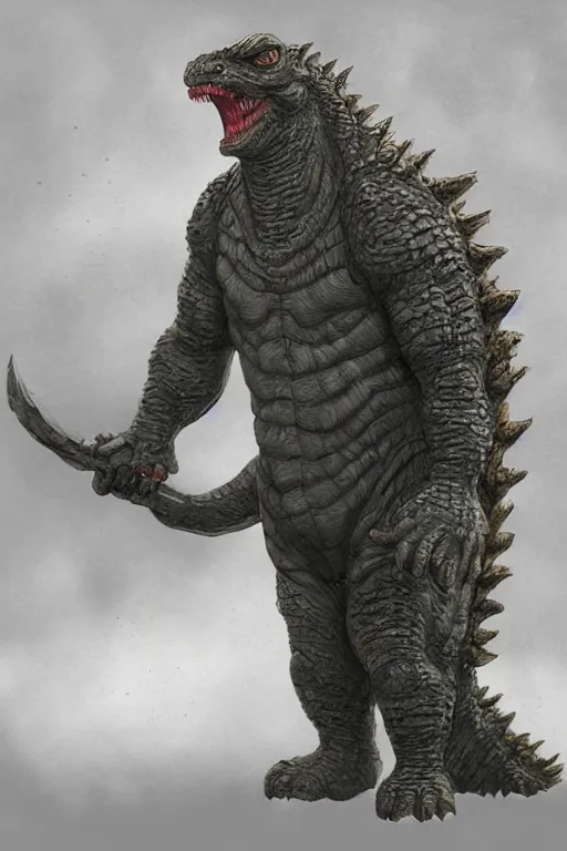 Prompt: character portrait of godzilla, good value control, matte painting, digital painting, kaiju, tokusatsu, rubber suit, john sargent