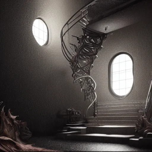 Image similar to detailed, staircase to the unfeeling void, starkly beautiful, stunning, cosmic horror, non - euclidian, lovecraftian, redshift render, cgi, 3 d, hyper - detailed, ultra - realistic, unreal engine, mattepainting, artstation