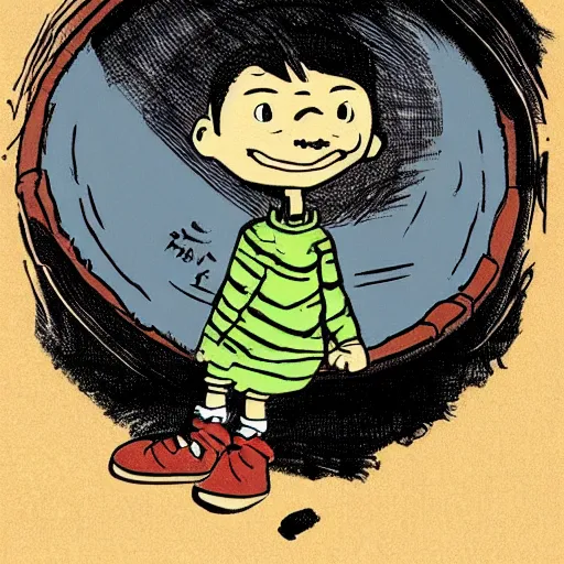 Prompt: the abyss looks back at me. in the style of calvin & hobbes by bill watterson