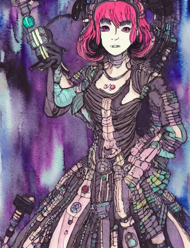 Prompt: inca scifi princess of the lichen woods, wearing a lovely dress with cyberpunk elements. this watercolor painting by the award - winning mangaka has an interesting color scheme, plenty of details and impeccable lighting.