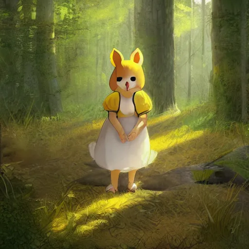 Image similar to concept art painting of an anthropomorphic chubby doe wearing yellow dress, in the deep forest, realistic, detailed, cel shaded, in the style of makoto shinkai and greg rutkowski and james gurney