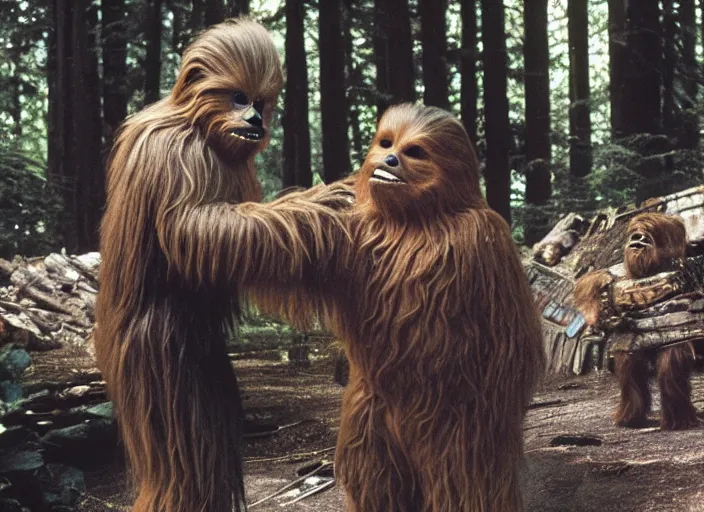 Prompt: donald trump shaking hands with chewbacca on the forest moon of endor, 3 5 mm photography, highly detailed, cinematic lighting