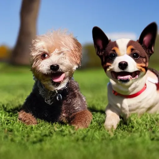 Image similar to cute photo of two silly happy little dogs one black and one brown, in the park, sunny morning, photorealistic, cute, highly detailed