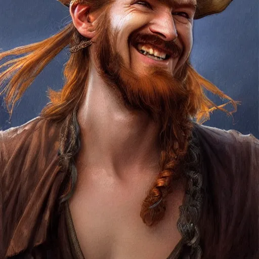 Image similar to portrait of a young rugged pirate, closed-lip!!!! smiling, male, masculine, handsome, upper body, red hair, long hair, D&D, fantasy, intricate, elegant, highly detailed, digital painting, artstation, concept art, sensual, matte, sharp focus, illustration, art by Artgerm and Greg Rutkowski and Alphonse Mucha