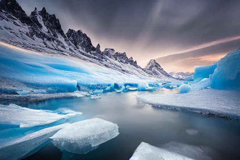 Prompt: moody landscape photography by marc adamus, ice vcave, blue, wide angle