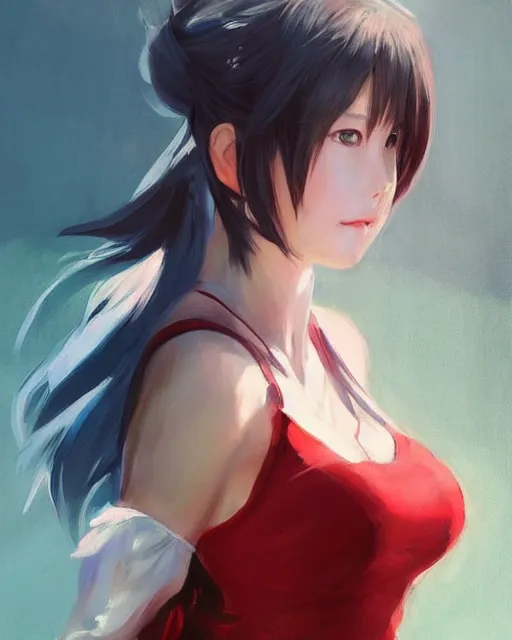 Prompt: elegant tifa lockhart in a red cottagecore dress, portrait, illustration, rim light, top light, summer clear blue sky, perfectly shaded, soft painting, art by krenz cushart and wenjun lin