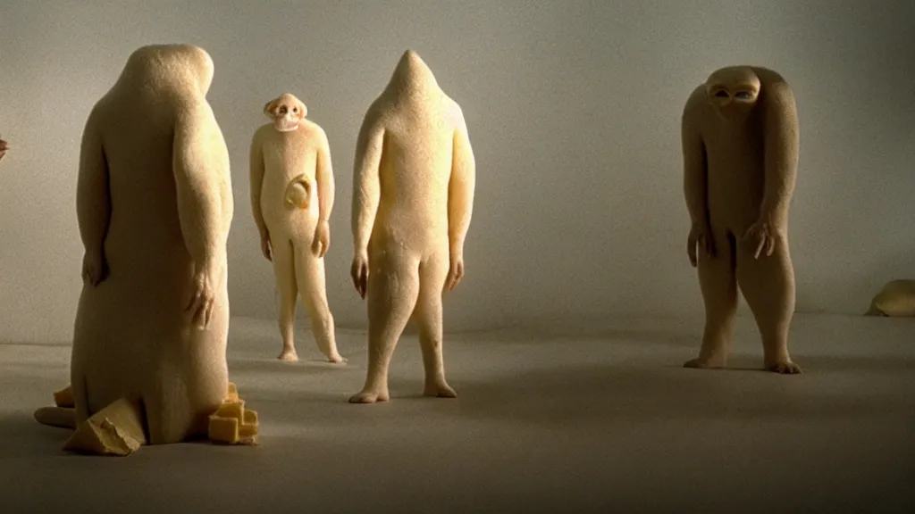 Image similar to the strange creature, made of milk and cheese, they look at me, film still from the movie directed by denis villeneuve and david cronenberg with art direction by salvador dali and zdzisław beksinski