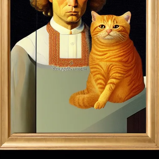 Prompt: fat orange tabby cat, man with afro curly hair in american gothic by grant wood